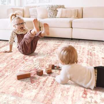 Brakki 8x10 Area Rugs Washable, Pink Large Rugs for Living Room Bedroom Dining Room Office, Soft Floral Vintage Distressed Carpet Non Slip, Boho Rugs for Girls Boys Home Decor