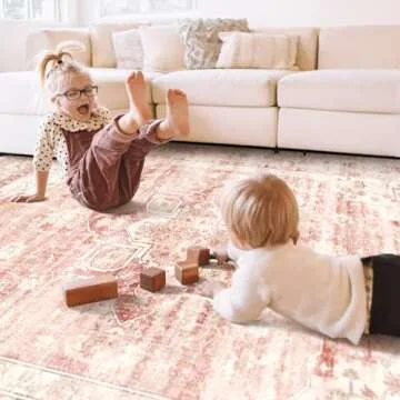 Brakki 8x10 Area Rugs Washable, Pink Large Rugs for Living Room Bedroom Dining Room Office, Soft Floral Vintage Distressed Carpet Non Slip, Boho Rugs for Girls Boys Home Decor