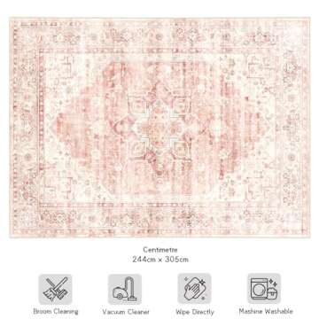 Brakki 8x10 Area Rugs Washable, Pink Large Rugs for Living Room Bedroom Dining Room Office, Soft Floral Vintage Distressed Carpet Non Slip, Boho Rugs for Girls Boys Home Decor