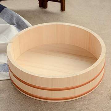 Kichgather 10.6 Inch Wooden Sushi Rice Bowl Hangiri Sushi Oke Rice Mixing Tub