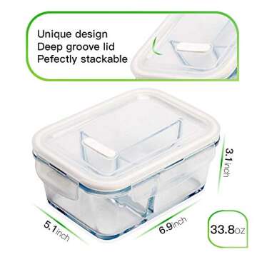 DAS TRUST 3 Pack 36oz Bento Box Glass Meal Prep Containers 3 Compartments Glass Food Storage Contain...