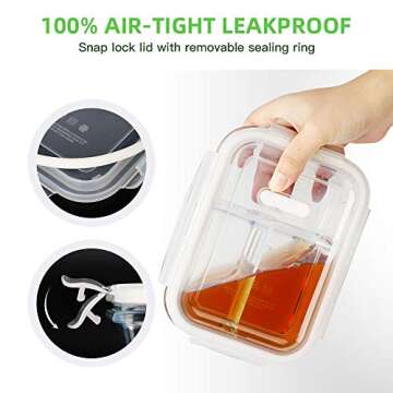 DAS TRUST 3 Pack 36oz Bento Box Glass Meal Prep Containers 3 Compartments Glass Food Storage Containers with Lids Meal Prep Bowls Lunch Box Glass Food Prep Lunch Container Oven Microwave Safe