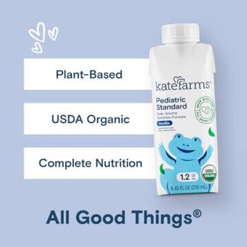 KATE FARMS Organic Pediatric 1.2 Sole-Source Vanilla Nutrition Shake, 12g protein, 27 Vitamins and Minerals, High Calorie Meal Replacement, Gluten Free, 8.45 oz (12 pack)