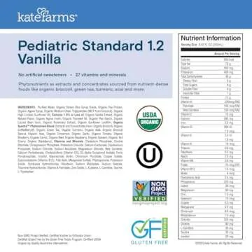 KATE FARMS Organic Pediatric 1.2 Sole-Source Vanilla Nutrition Shake, 12g protein, 27 Vitamins and Minerals, High Calorie Meal Replacement, Gluten Free, 8.45 oz (12 pack)