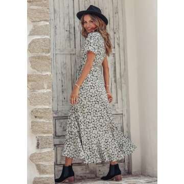 PRETTYGARDEN Women's Summer Wrap Maxi Dress Casual Boho Floral V Neck Short Sleeve Ruffle Hem Split ...