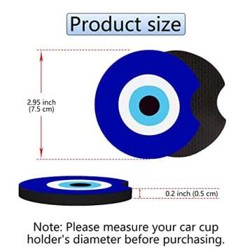 Car Cupholder Coaster Absorbent 2 Pack Trendy Evil Eye Design Rubber Blue New Automotive Cup Holder Decal Decor Accessories for Women Men BD369