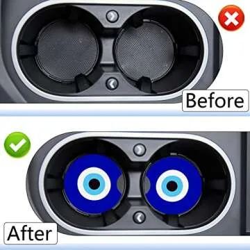 Car Cupholder Coaster Absorbent 2 Pack Trendy Evil Eye Design Rubber Blue New Automotive Cup Holder Decal Decor Accessories for Women Men BD369