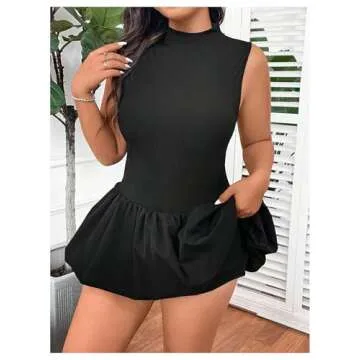 OYOANGLE Women's Plus Size Mock Neck Sleeveless Ribbed Knit Ruffle Short Dress Y2K Open Back Bubble Dress Black 2XL