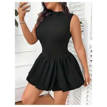 OYOANGLE Women's Plus Size Mock Neck Sleeveless Ribbed Knit Ruffle Short Dress Y2K Open Back Bubble Dress Black 2XL
