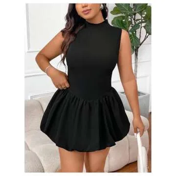 OYOANGLE Women's Plus Size Mock Neck Sleeveless Ribbed Knit Ruffle Short Dress Y2K Open Back Bubble Dress Black 2XL
