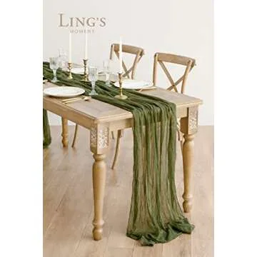 Ling's Moment 10Ft x 35" Wide Moss Green Gauze Semi-Sheer Table Runner Cheesecloth Tablecloth for We...