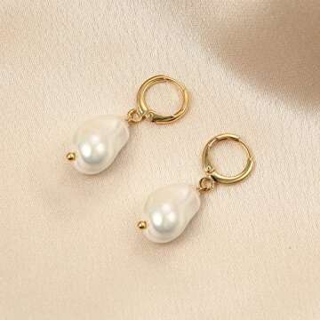 Pearls Hoop Earring Pearl Drop Dangle Earrings 12mm Shell Baroque Pearl Earrings for Women Dainty Jewelry