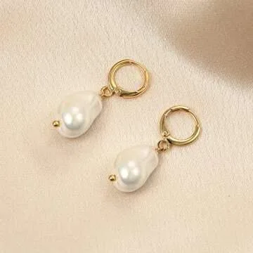 Pearls Hoop Earring Pearl Drop Dangle Earrings 12mm Shell Baroque Pearl Earrings for Women Dainty Jewelry