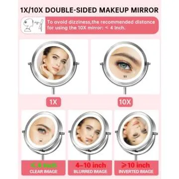 Gospire 7" Lighted Makeup Mirror with Magnification 10X/1X Double Sided, Round Magnifying LED Vanity Standing Cosmetic Shaving Mirror with Battery Operated, Cordless Portable for Bathroom Bedroom
