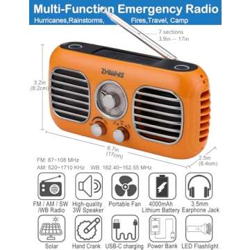 ZHIWHIS Emergency Radio with Portable Fan, AM/FM/WB Weather Radios with SOS Siren, Hand Crank/Solar ...