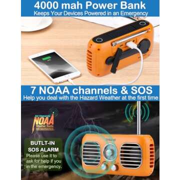 ZHIWHIS Emergency Radio with Portable Fan, AM/FM/WB Weather Radios with SOS Siren, Hand Crank/Solar Panel/4000mAh//Power Bank/Rotary Knob/Rechargeable Retro Receiver with LED Light ZWS-380