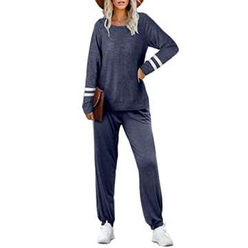 Ekouaer Sweatsuits Womens Loungewear Set Tracksuit Long Sleeve Pajamas Set with Pockets 2 Piece Outfits Lounge Sets Navy Blue Large