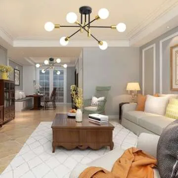 Biewalk Sputnik Chandelier, Mid Century Modern Nordic Pendant Lighting 6 Lights Ceiling Light Fixture Black and Gold Chandelier, for Living Room Kitchen Bedroom Dining Room (E26 Bulb Excluded)