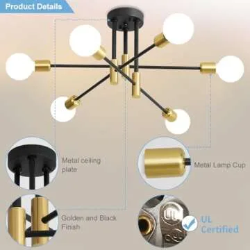 Biewalk Sputnik Chandelier, Mid Century Modern Nordic Pendant Lighting 6 Lights Ceiling Light Fixture Black and Gold Chandelier, for Living Room Kitchen Bedroom Dining Room (E26 Bulb Excluded)