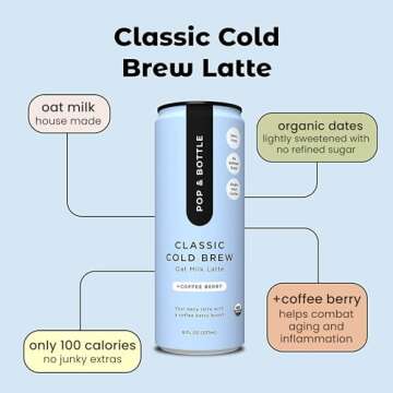 Pop & Bottle, Oat Milk Lattes - Cold Brew with Coffee Berry Antioxidants, MCT Oil, Organic, Dairy Free, Gluten Free, Great as Iced Coffee, Lightly Sweetened with Dates - Classic, 8 Fl Oz (12 Pack)