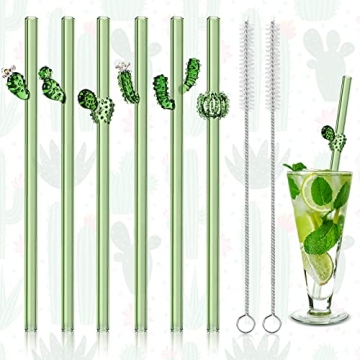 6 Pcs Reusable Glass Straws Set - Cactus Design, Perfect for Smoothies and More