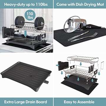 Dish Drying Rack and Drainboard Set, 304 Stainless Steel Large 2 Tier Dish Rack with Auto-draining Tray and Drying Mat for Kitchen Counter Dish Drainers with Utensil Holder, Cutting Board Holder