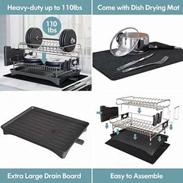 Dish Drying Rack and Drainboard Set, 304 Stainless Steel Large 2 Tier Dish Rack with Auto-draining Tray and Drying Mat for Kitchen Counter Dish Drainers with Utensil Holder, Cutting Board Holder