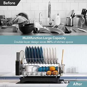 Dish Drying Rack and Drainboard Set, 304 Stainless Steel Large 2 Tier Dish Rack with Auto-draining Tray and Drying Mat for Kitchen Counter Dish Drainers with Utensil Holder, Cutting Board Holder