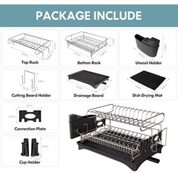 Dish Drying Rack and Drainboard Set, 304 Stainless Steel Large 2 Tier Dish Rack with Auto-draining Tray and Drying Mat for Kitchen Counter Dish Drainers with Utensil Holder, Cutting Board Holder