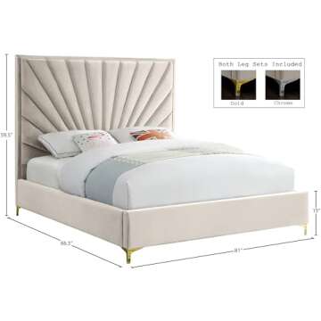 Meridian Furniture Eclipse Collection Modern | Contemporary Velvet Upholstered Bed with Channel Tufted Design and Complete Sets of Gold and Chrome Legs Included, King, Cream