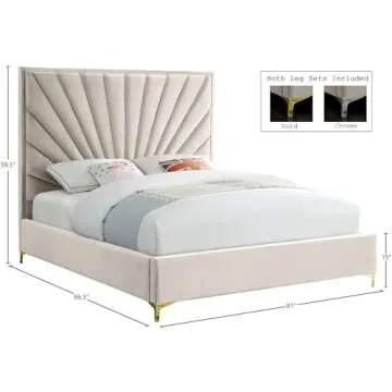 Meridian Furniture Eclipse Collection Modern | Contemporary Velvet Upholstered Bed with Channel Tufted Design and Complete Sets of Gold and Chrome Legs Included, King, Cream