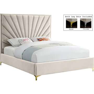 Meridian Furniture Eclipse Collection Modern | Contemporary Velvet Upholstered Bed with Channel Tufted Design and Complete Sets of Gold and Chrome Legs Included, King, Cream