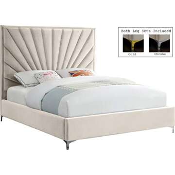 Meridian Furniture Eclipse Collection Modern | Contemporary Velvet Upholstered Bed with Channel Tufted Design and Complete Sets of Gold and Chrome Legs Included, King, Cream