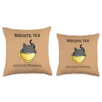 The Cozy Mystery Company Biscuits, Tea, and Cosy Cute Cat Cozy Mystery Throw Pillow, 16x16, Multicolor
