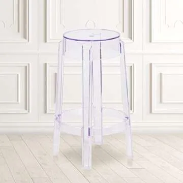 Flash Furniture Laney 25.75" Indoor/Outdoor Counter Height Transparent Dining Stool with Foot Ring, ...