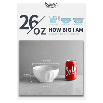 Sweese 106.001 Porcelain Fluted Bowl Set - 26 Ounce for Cereal, Salad and Soup - Set of 6, White, SYNCHKG128940