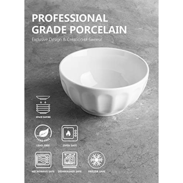 Sweese 106.001 Porcelain Fluted Bowl Set - 26 Ounce for Cereal, Salad and Soup - Set of 6, White, SYNCHKG128940
