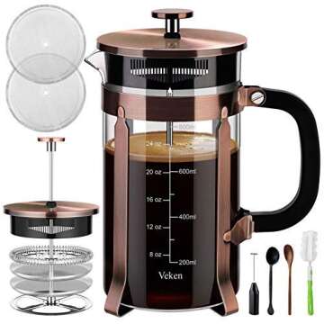 Veken French Press Plunger Coffee Maker Cafetière, Double Wall Heat Resistant Borosilicate Glass Coffee Press,Cold Brew Coffee Pot for Kitchen and Gifts, Dishwasher Safe, Rose Gold