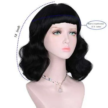Bybrana Hair 50s Wig Rockabilly Vintage Wavy Black Wig with Bangs