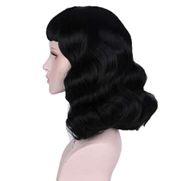 Bybrana 50s Wig Rockabilly Vintage Wavy Black Bangs