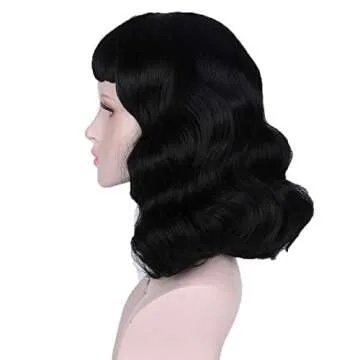 Bybrana 50s Wig Rockabilly Vintage Wavy Black Bangs