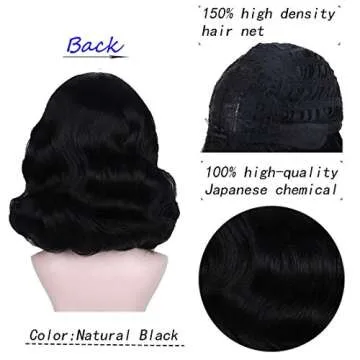 Bybrana 50s Wig Rockabilly Vintage Wavy Black Bangs