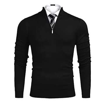 COOFANDY Mens Casual Slim Fit Pullover Sweaters Long Sleeve Knitted Zip Up Mock Neck Polo Sweater (Black, Medium)