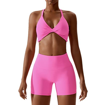 ABOCIW Workout Sets for Women 2 Piece Yoga Outfits Twist Front Halter Sports Bras Tummy Control High...