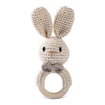 Organic Crochet Bunny Wooden Rattle for Babies 0-6 Months