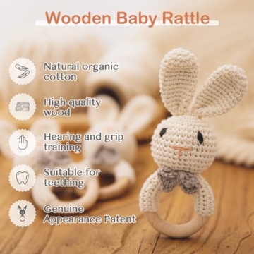 Organic Crochet Bunny Wooden Rattle for Babies 0-6 Months