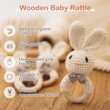 Organic Crochet Bunny Wooden Rattle for Babies 0-6 Months