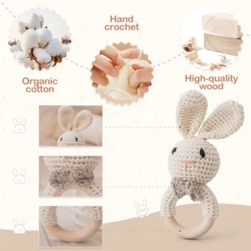 Organic Crochet Bunny Wooden Rattle for Babies 0-6 Months