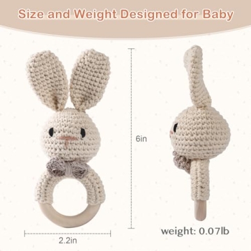 Organic Crochet Bunny Wooden Rattle for Babies 0-6 Months