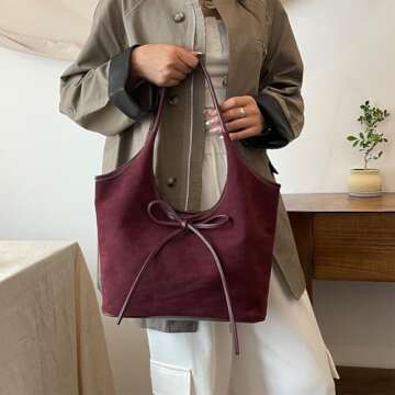 GETERUUV Suede Tote Bag Brown Suede Purse for Women Suede Handbag 2024 Fall Purse Stylish Suede Shoulder Bag Bow Tie Hobo Bag